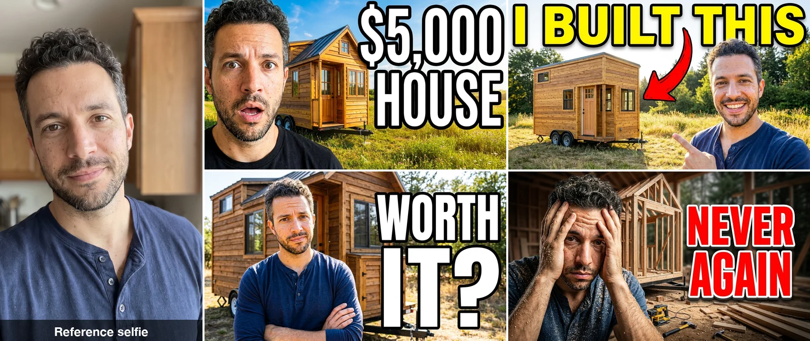 A reference selfie of a bearded man with curly dark hair next to four AI YouTube thumbnails of the same man with the titles $5,000 HOUSE, I BUILT THIS, WORTH IT? and NEVER AGAIN