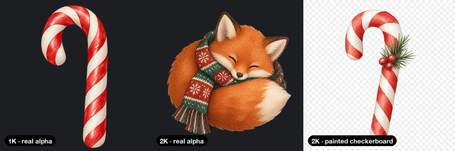 Three pieces on a dark background: a candy cane from 1K and a sleeping fox from 2K both blend into the dark, while a second candy cane from 2K sits on a light grey checkerboard square that was painted into the image
