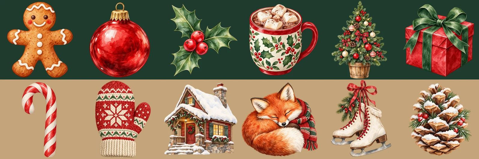 Twelve watercolor Christmas clipart pieces, a gingerbread man, ornament, holly, cocoa mug, potted tree and gift on a dark green band, and a candy cane, mitten, snowy cabin, sleeping fox, ice skates and pinecone on a kraft-brown band