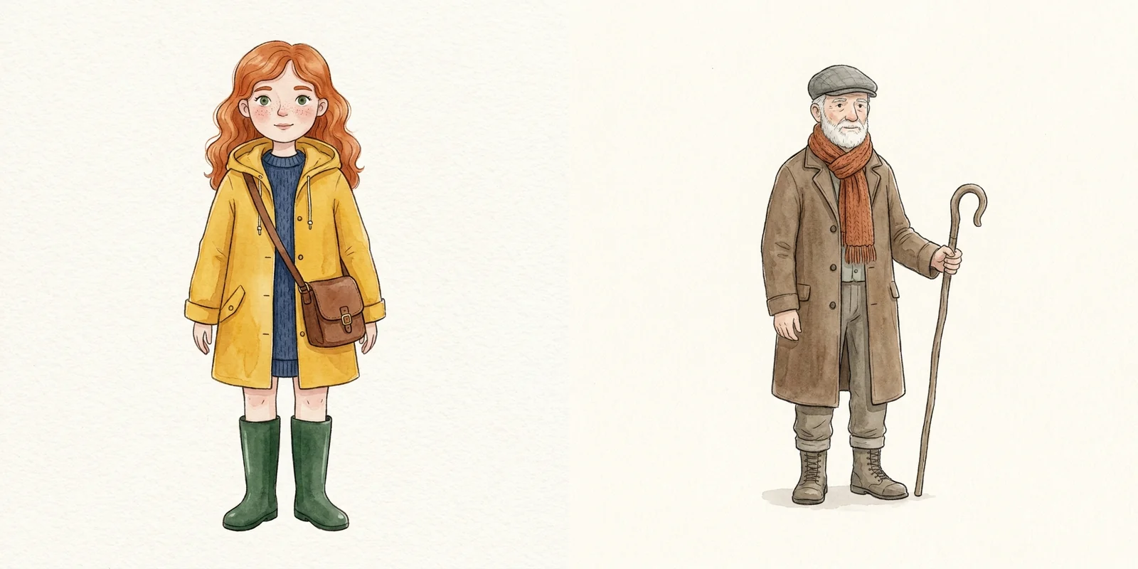 Two reference images side by side: the red-haired postwoman and an elderly shepherd with a white beard, flat cap, orange scarf and wooden crook