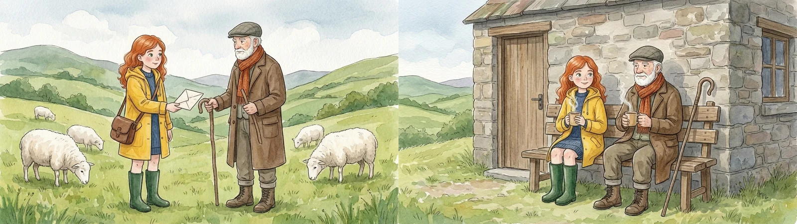 Two scenes with both characters: the postwoman handing a letter to the shepherd among sheep, and the two of them sharing tea on a bench outside a stone hut