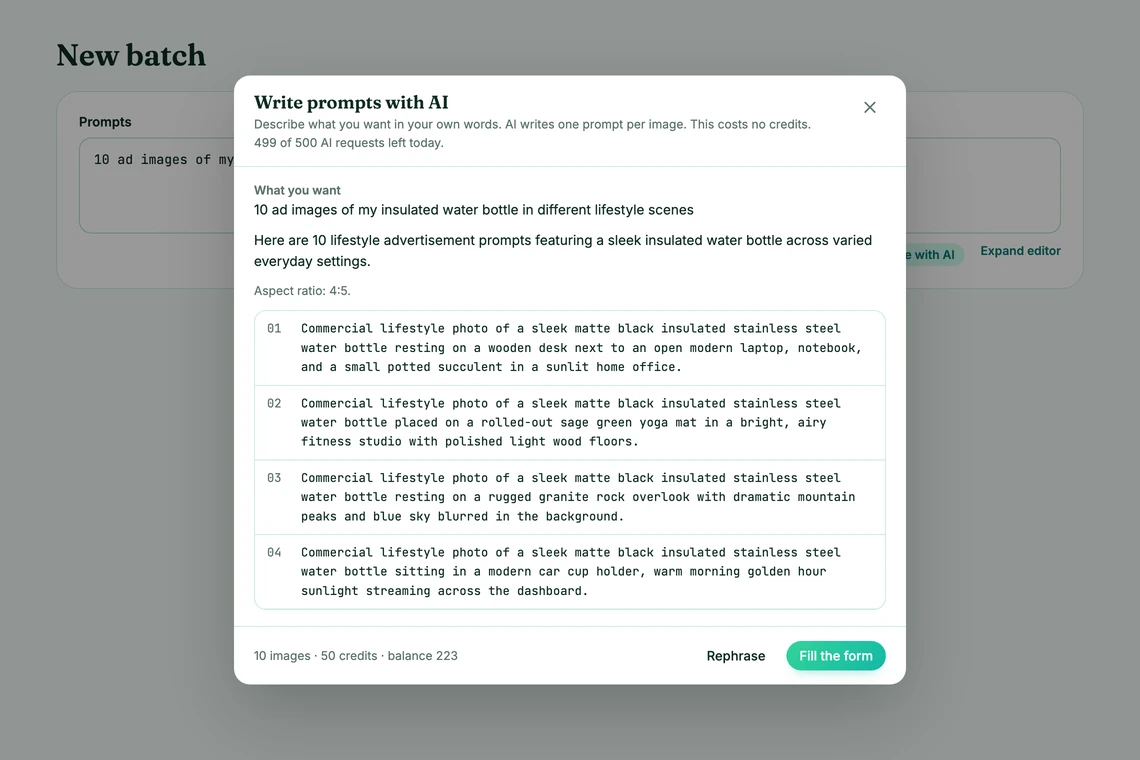 The Write prompts with AI dialog showing a one-sentence request turned into a numbered list of prompts, with the image count and credits at the bottom