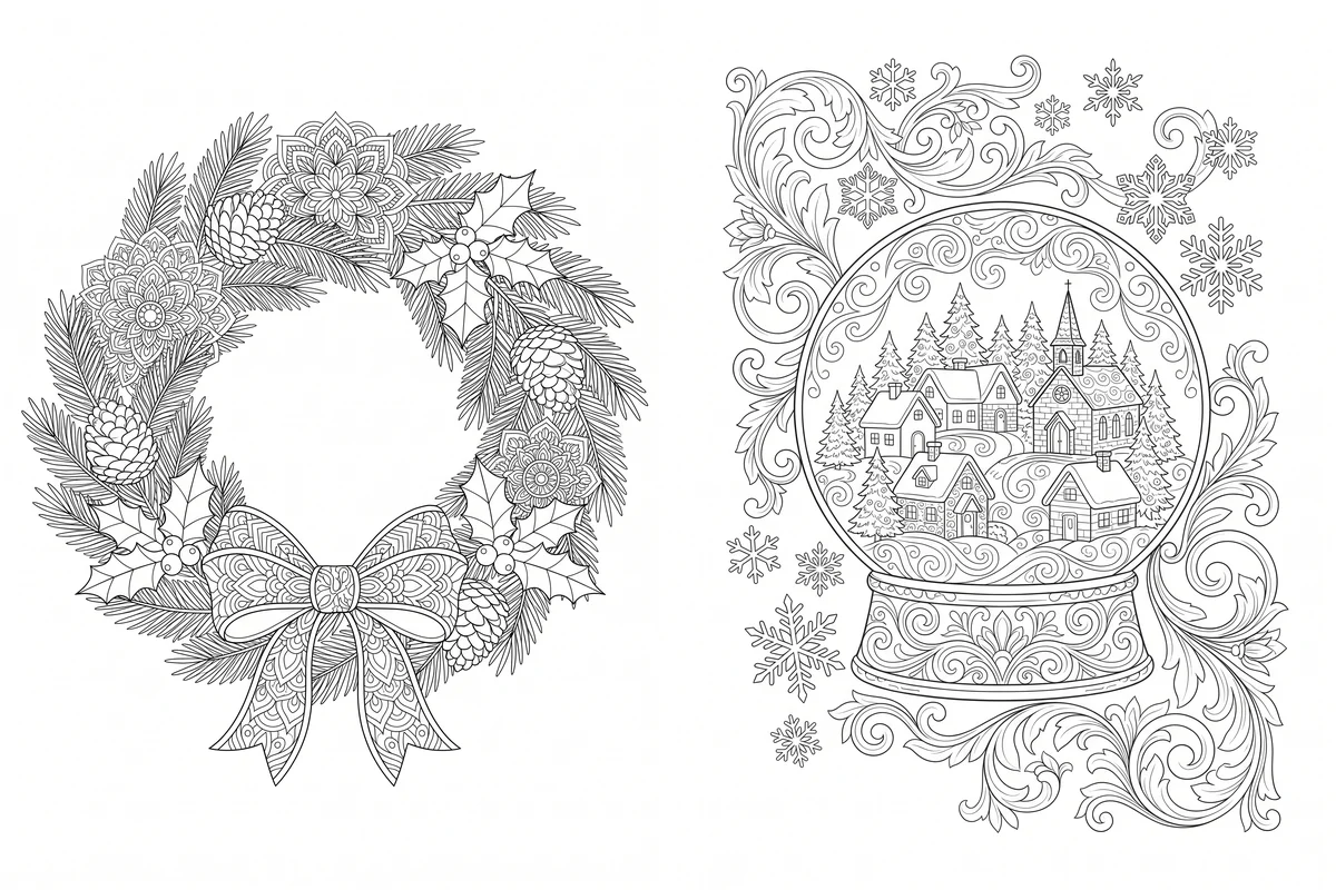 The two adult pages side by side: a Christmas wreath with mandala-patterned leaves, pine cones, holly and a bow, and a snow globe holding a village and church surrounded by swirling scrollwork and snowflakes