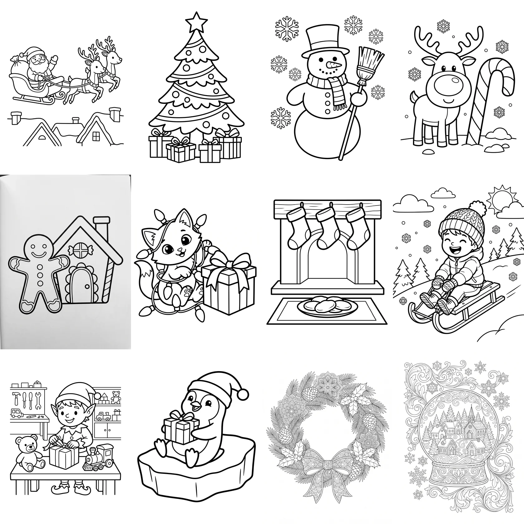 Twelve Christmas coloring pages in a grid: Santa's sleigh over rooftops, a decorated tree with presents, a snowman with a broom, a reindeer with a candy cane, a gingerbread man and house, a kitten in Christmas lights, a fireplace with three stockings, a child on a sled, an elf in a toy workshop, a penguin with a gift, an intricate wreath and an ornate snow globe