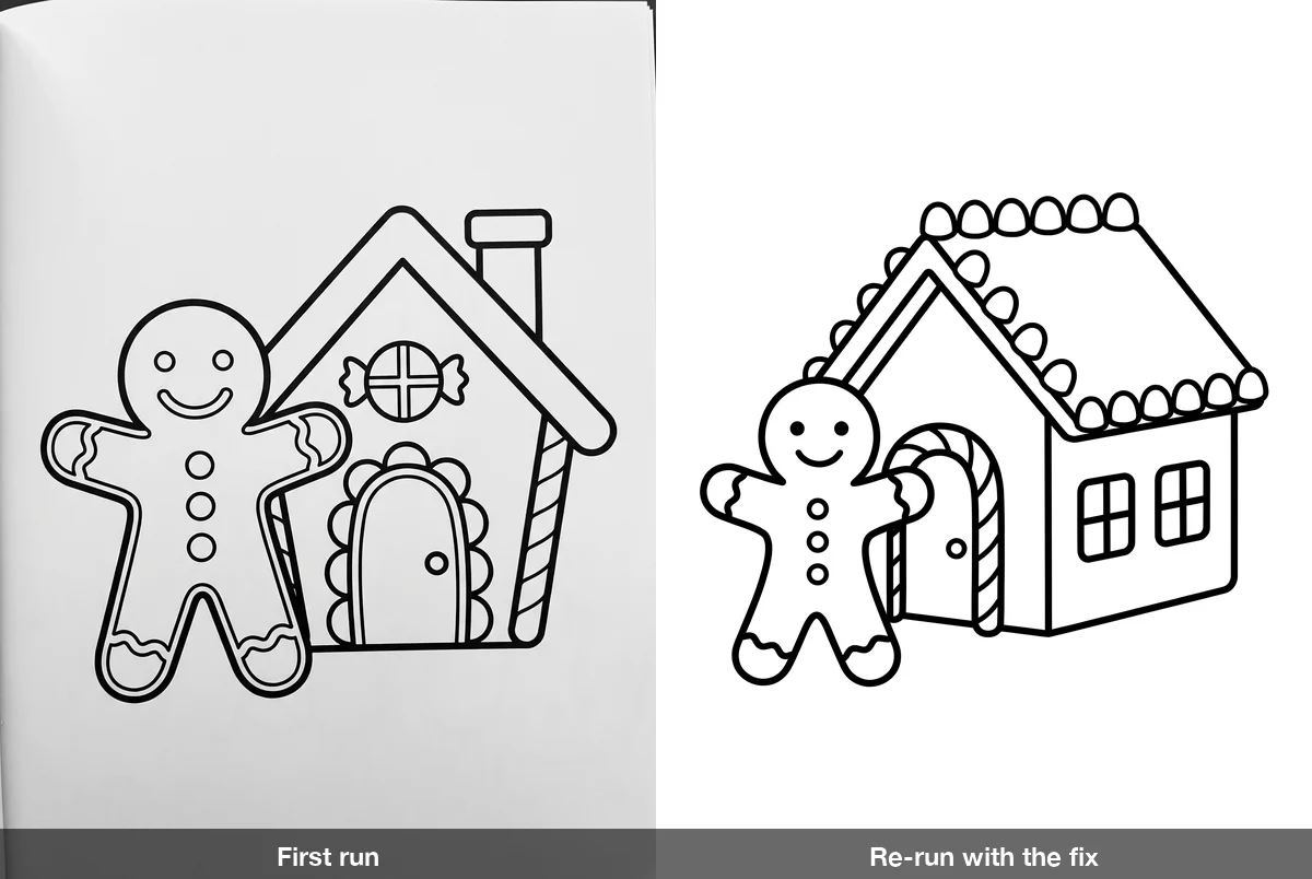 The gingerbread man page twice: on the left the first run, a line drawing rendered as a photo of a printed page with a gray paper edge and shadow; on the right the re-run with the fix, clean black line art of a gingerbread man and house on pure white