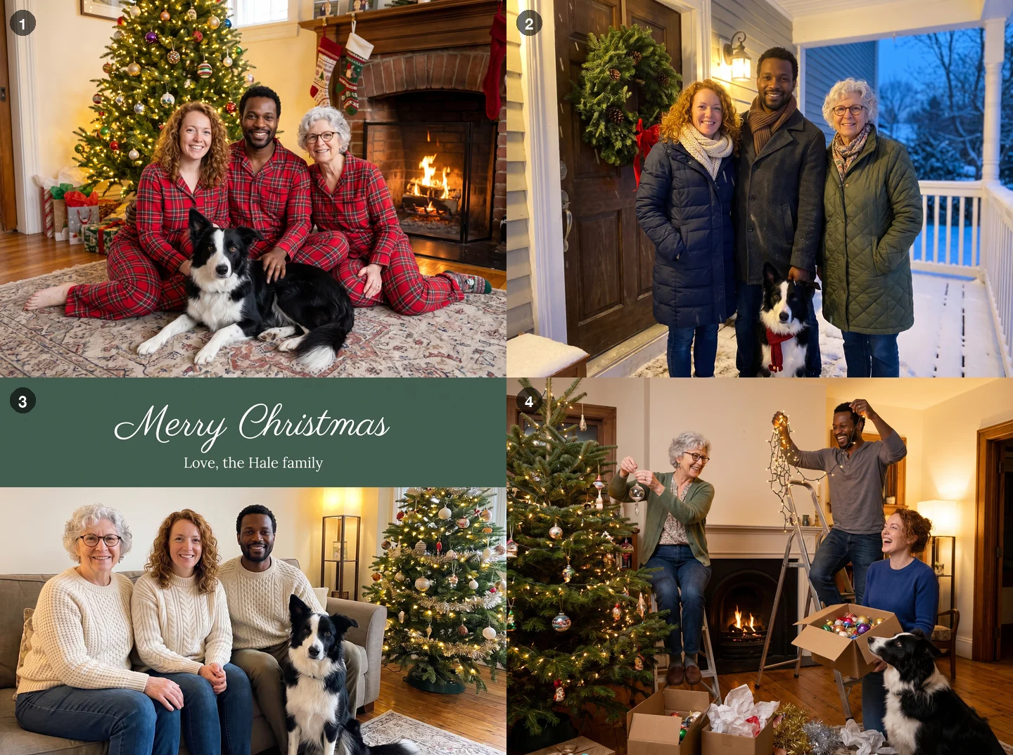 Four Christmas family photos of the same three people and their border collie: matching plaid pajamas by the fireplace, a snowy front porch with a wreath, a card with Merry Christmas written above them on a sofa, and decorating the tree together