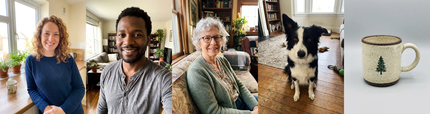 The five reference photos used in the test: a woman with curly auburn hair, a bearded man, an older woman with silver hair and glasses, a black and white border collie, and a speckled cream ceramic mug with a small green pine tree