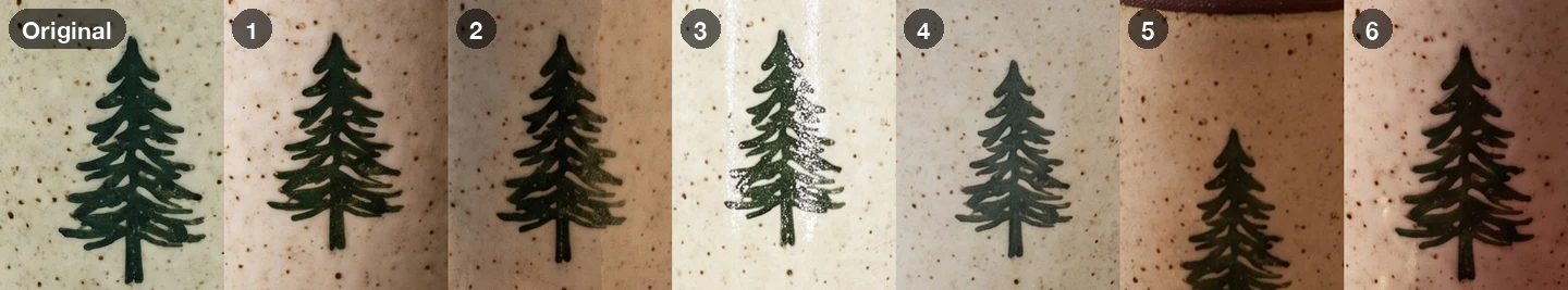 Close-ups of the pine tree print on the original mug and on all six generated mugs: the same style and position each time, but the branches are redrawn and some trees are slimmer