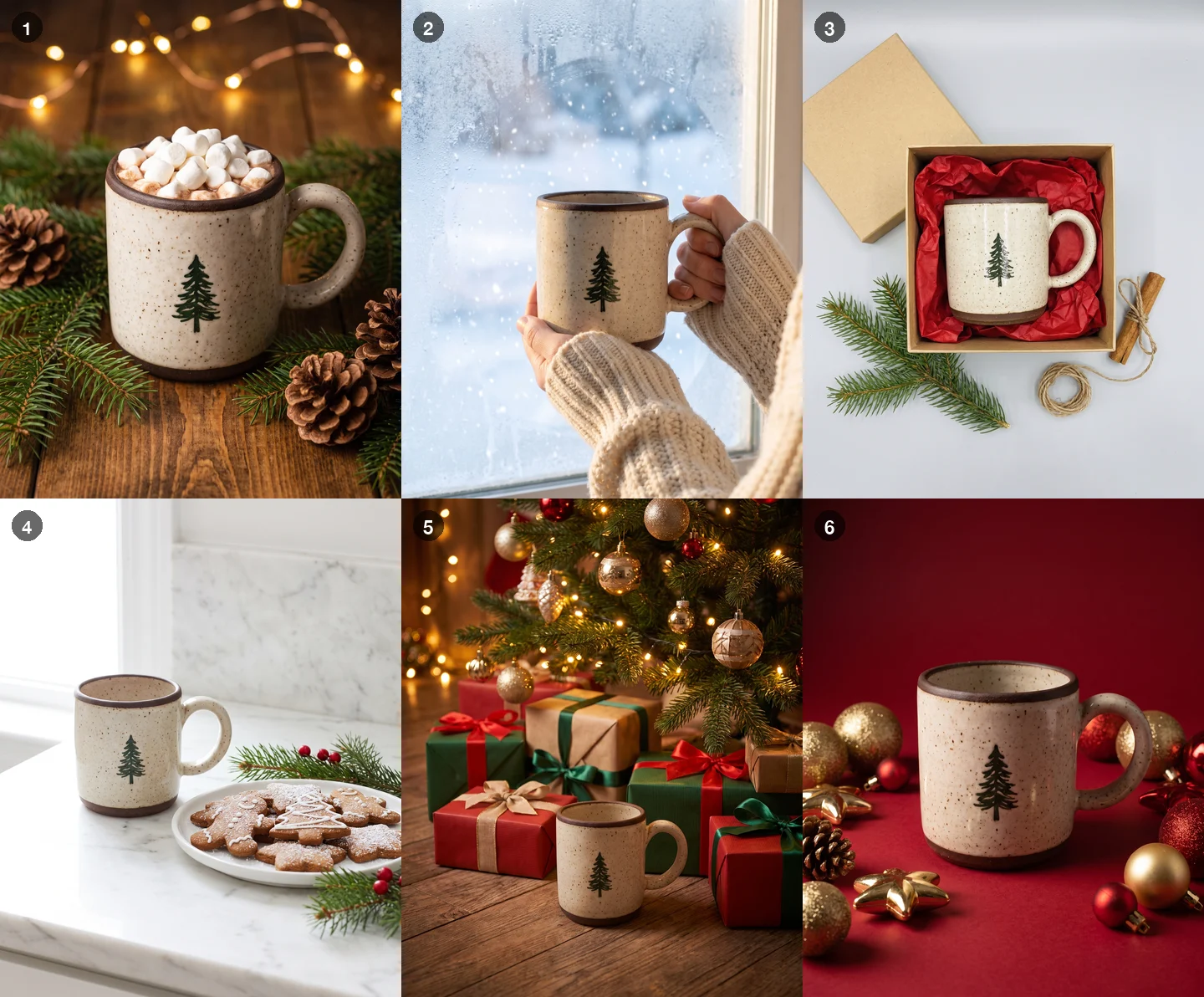 Six holiday product photos of the same speckled ceramic mug: full of hot cocoa among pine cones, held in sweater sleeves by a snowy window, in a kraft gift box with red tissue, on marble with gingerbread cookies, under a Christmas tree among presents, and on a red backdrop with gold ornaments