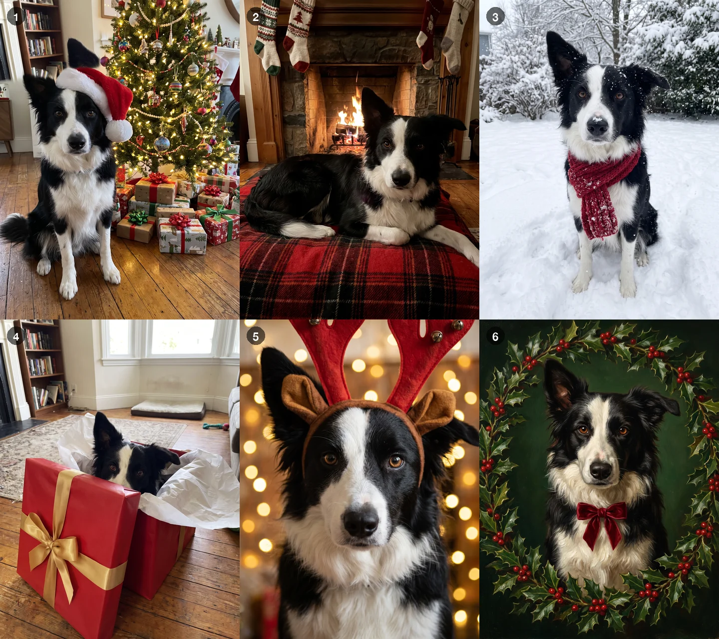 Six Christmas portraits of the same border collie: in a Santa hat by the tree, on a plaid blanket by the fireplace, in the snow with a red scarf, peeking out of a gift box, in reindeer antlers with fairy lights, and as an oil painting in a holly wreath