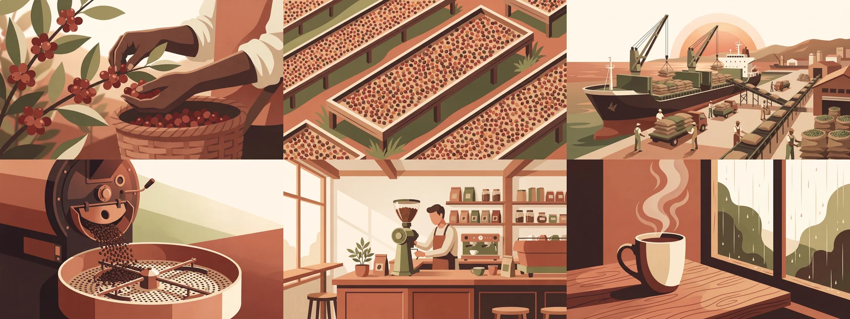 Six frames of the same explainer in one consistent flat style: hands picking coffee cherries, cherries drying on raised beds, sacks loaded onto a cargo ship, a roaster pouring dark beans, a barista grinding coffee, and a steaming cup by a rainy window
