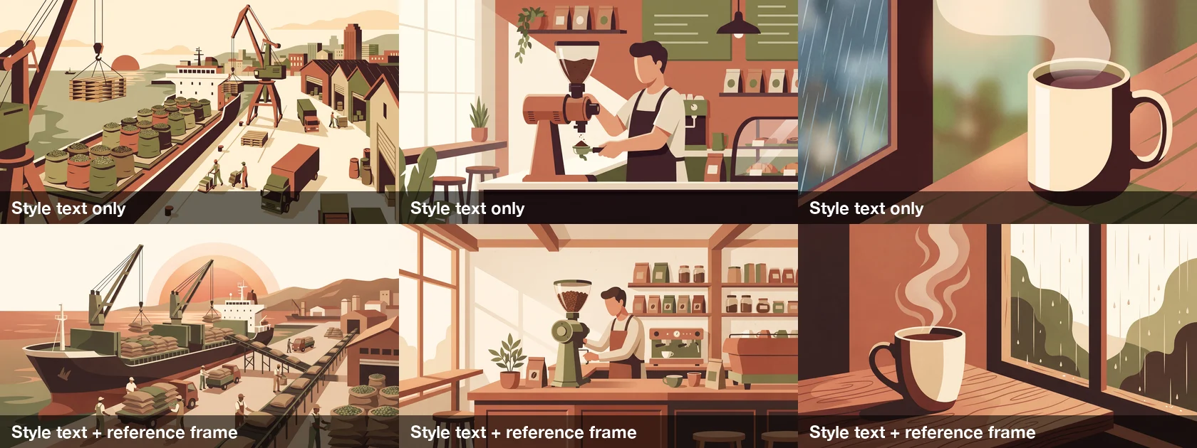 Three scenes rendered twice: the top row with the style text only is greener and brighter, with drums instead of sacks at the port and a semi-realistic coffee cup; the bottom row with the reference frame matches the warm flat look of frame 1
