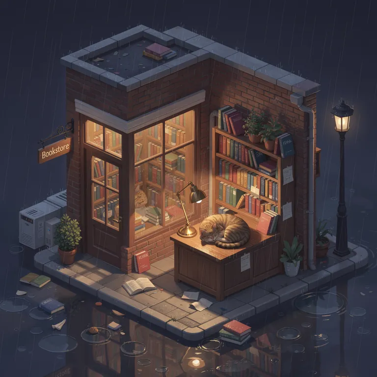 Flux 2 Pro: A cozy isometric illustration of a tiny bookstore on a rainy night, warm light in the windows, a cat sleeping on the counter