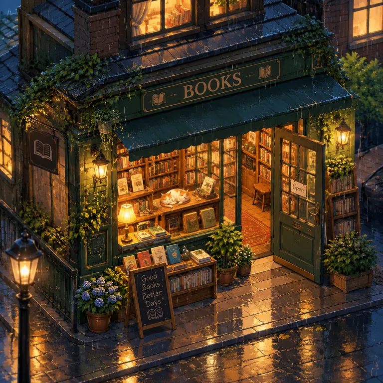 GPT Image 2: A cozy isometric illustration of a tiny bookstore on a rainy night, warm light in the windows, a cat sleeping on the counter