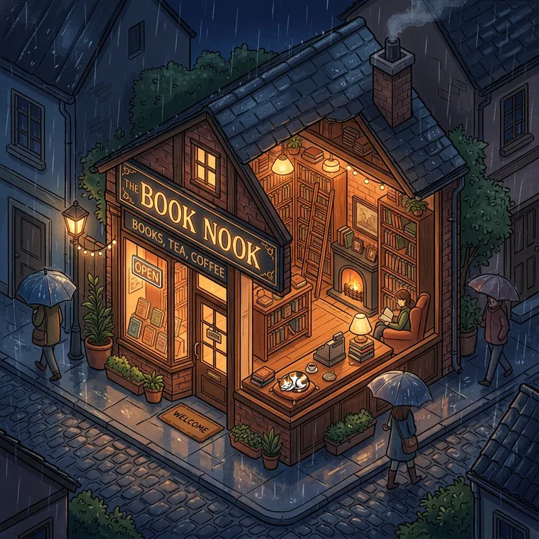 Nano Banana 2: A cozy isometric illustration of a tiny bookstore on a rainy night, warm light in the windows, a cat sleeping on the counter