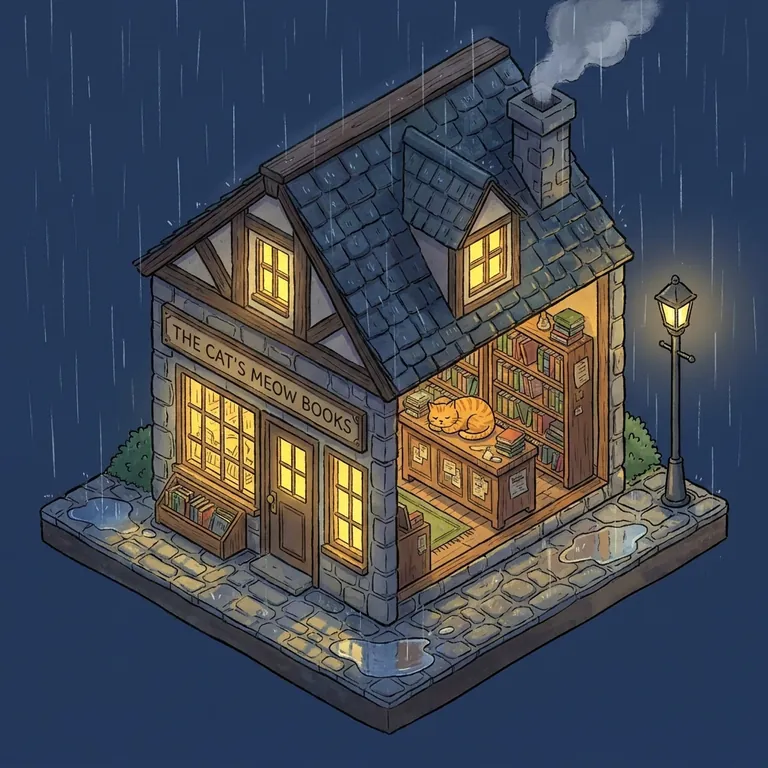 Nano Banana Pro: A cozy isometric illustration of a tiny bookstore on a rainy night, warm light in the windows, a cat sleeping on the counter