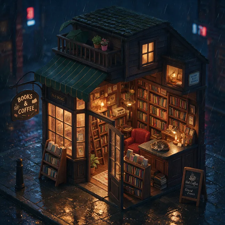 Seedream 5.0 Pro: A cozy isometric illustration of a tiny bookstore on a rainy night, warm light in the windows, a cat sleeping on the counter