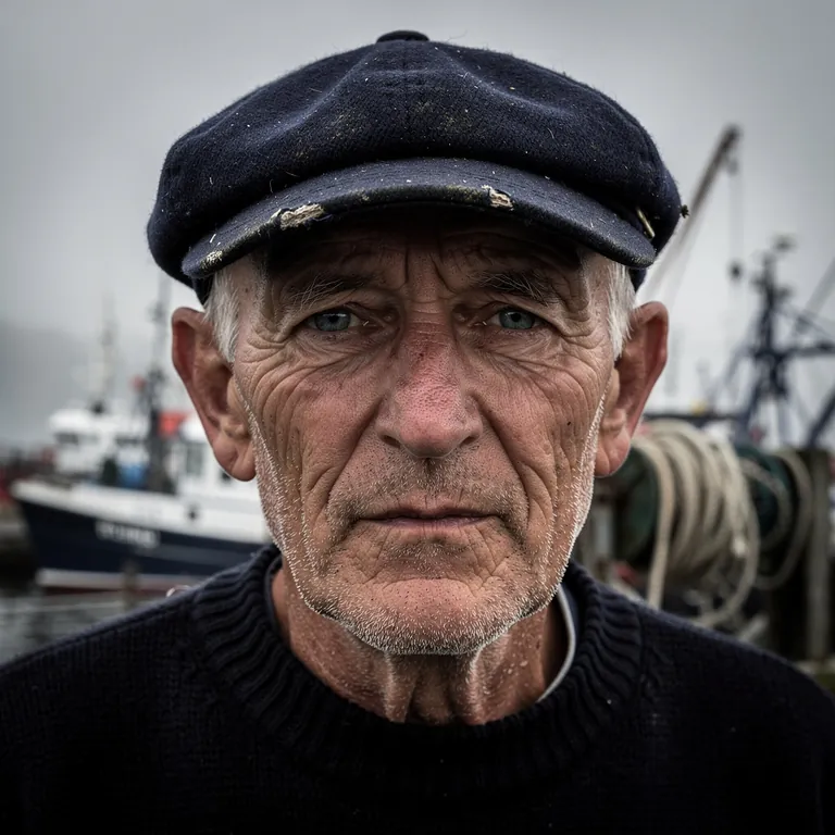 Flux 2 Pro: Close-up portrait of an elderly fisherman with a weathered face and a navy wool cap, overcast harbor in the background, 85mm photograph