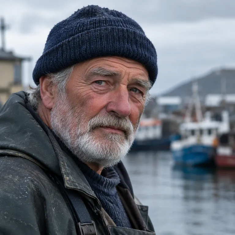 GPT Image 2: Close-up portrait of an elderly fisherman with a weathered face and a navy wool cap, overcast harbor in the background, 85mm photograph