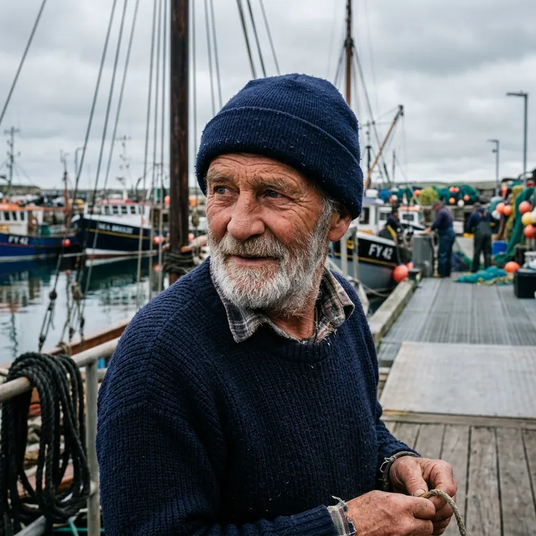 Nano Banana 2: Close-up portrait of an elderly fisherman with a weathered face and a navy wool cap, overcast harbor in the background, 85mm photograph