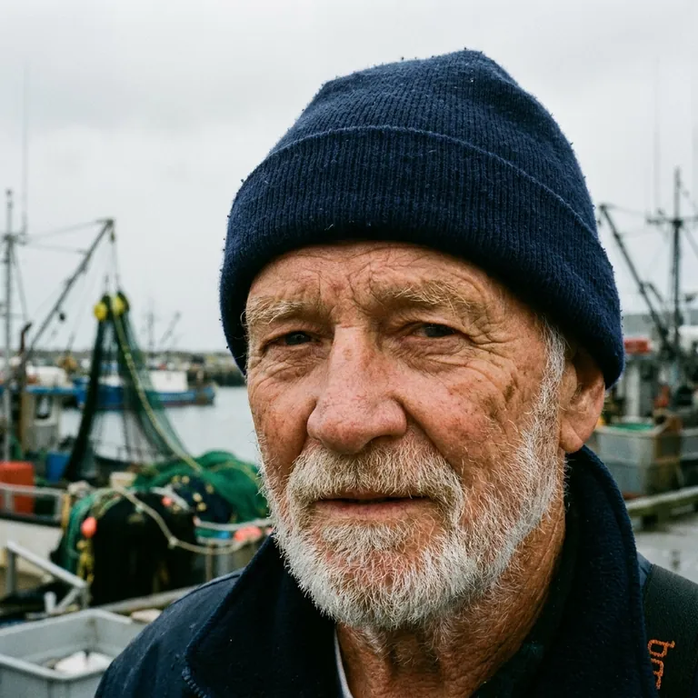 Nano Banana Pro: Close-up portrait of an elderly fisherman with a weathered face and a navy wool cap, overcast harbor in the background, 85mm photograph