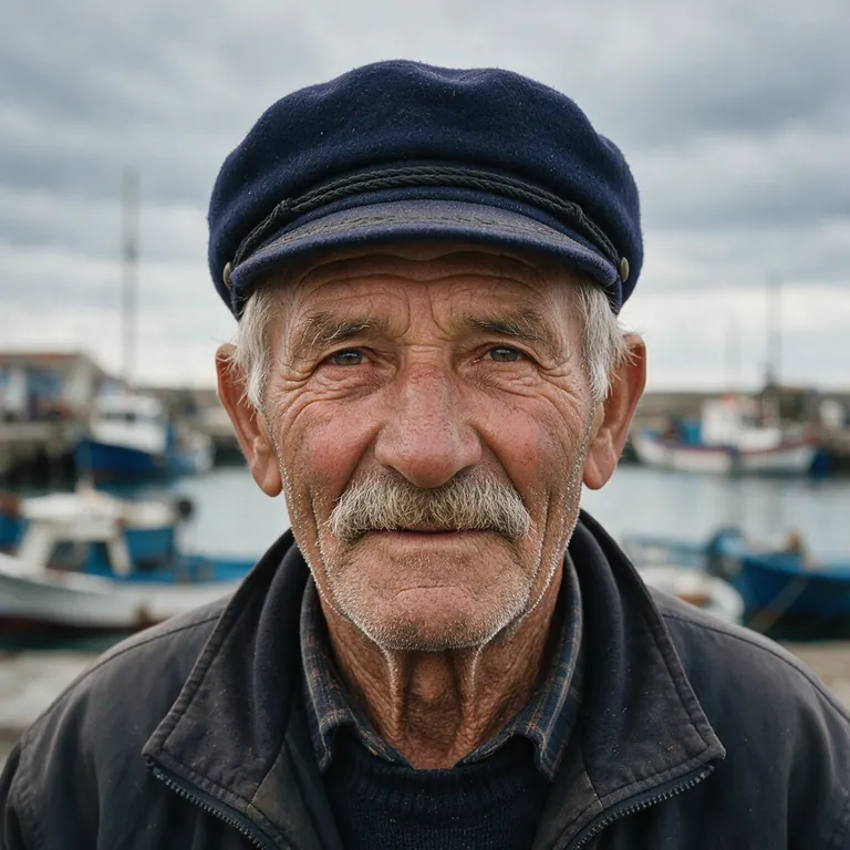 Seedream 5.0 Pro: Close-up portrait of an elderly fisherman with a weathered face and a navy wool cap, overcast harbor in the background, 85mm photograph