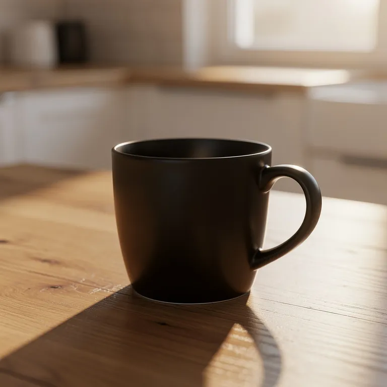 Flux 2 Pro: A matte black ceramic coffee mug on a sunlit oak kitchen table, soft morning light, shallow depth of field, product photography