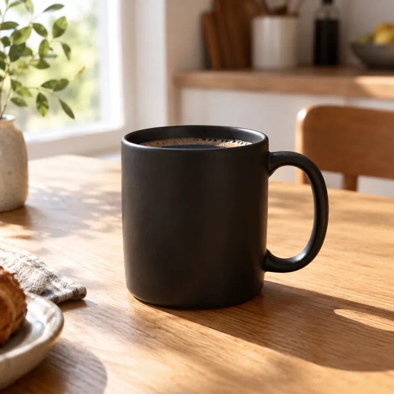 GPT Image 2: A matte black ceramic coffee mug on a sunlit oak kitchen table, soft morning light, shallow depth of field, product photography
