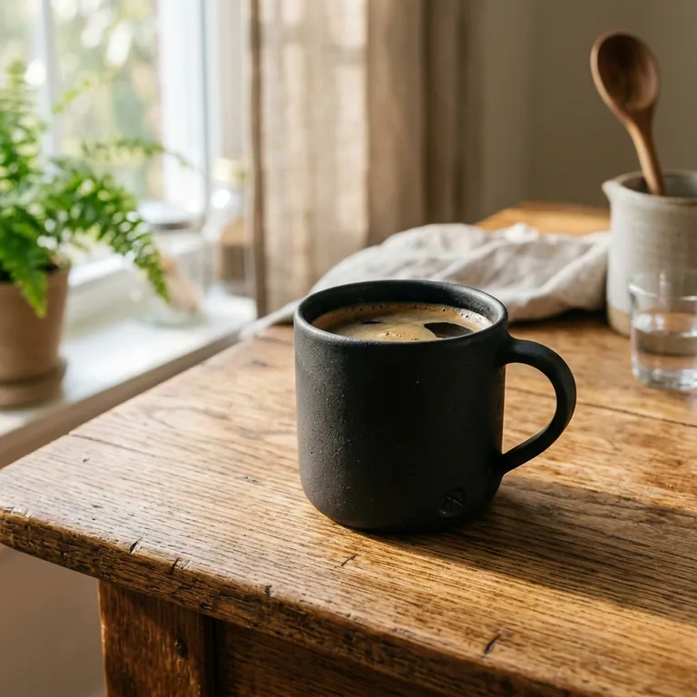 Nano Banana 2: A matte black ceramic coffee mug on a sunlit oak kitchen table, soft morning light, shallow depth of field, product photography
