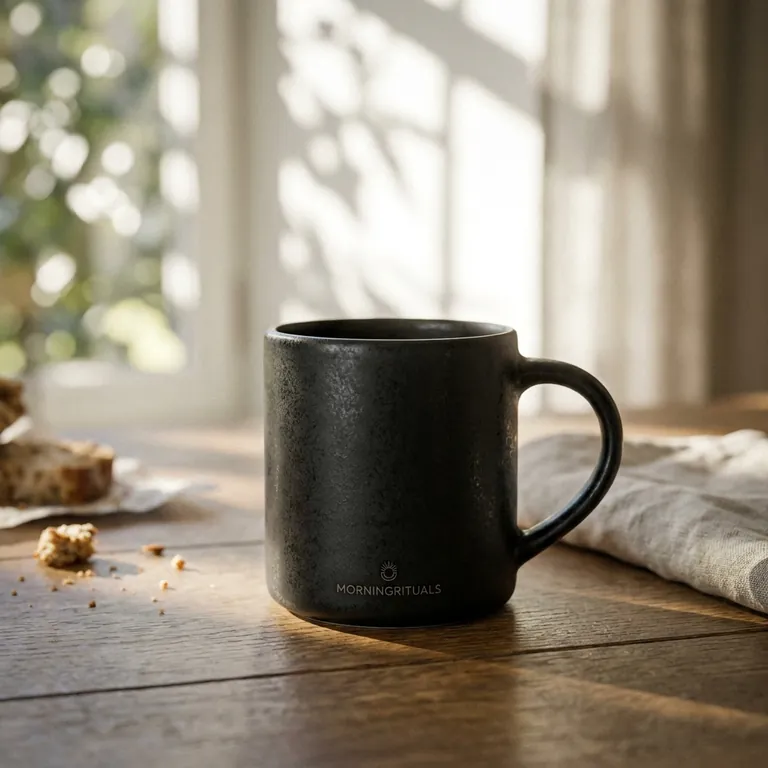 Nano Banana Pro: A matte black ceramic coffee mug on a sunlit oak kitchen table, soft morning light, shallow depth of field, product photography