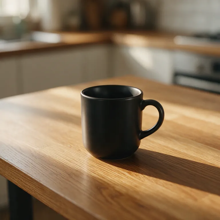 Seedream 5.0 Pro: A matte black ceramic coffee mug on a sunlit oak kitchen table, soft morning light, shallow depth of field, product photography