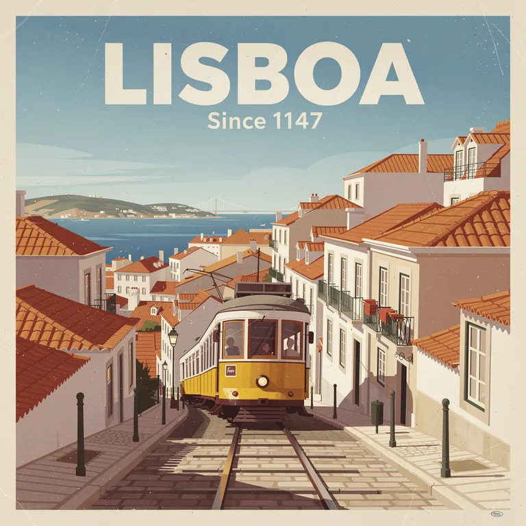 Flux 2 Pro: A vintage travel poster for Lisbon with the large headline "LISBOA" and the smaller line "Since 1147", flat colors, a yellow tram climbing a hill, terracotta rooftops