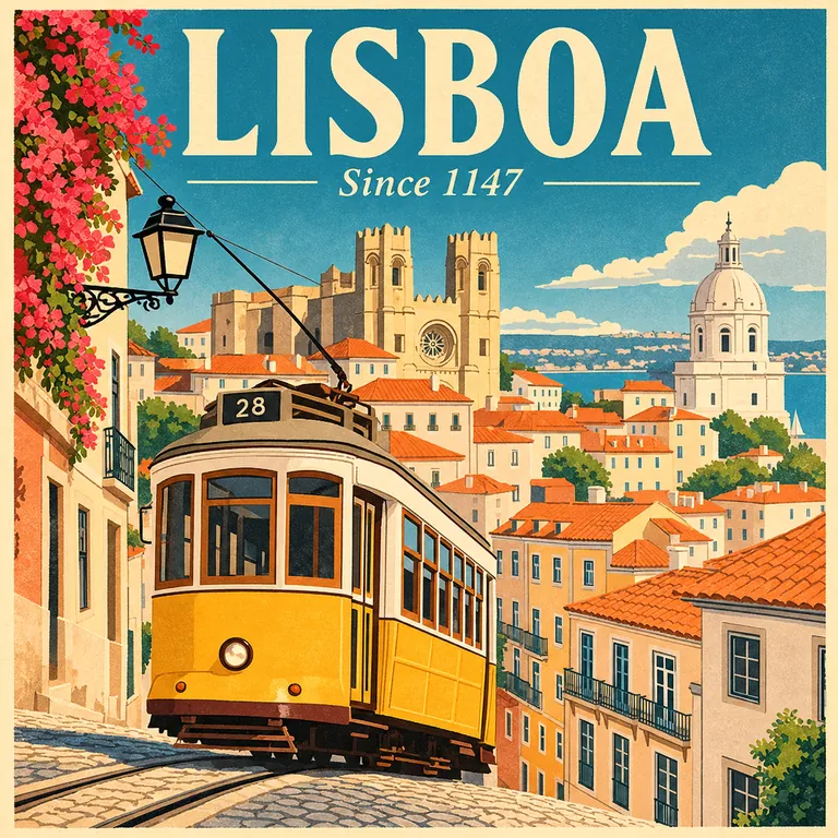 GPT Image 2: A vintage travel poster for Lisbon with the large headline "LISBOA" and the smaller line "Since 1147", flat colors, a yellow tram climbing a hill, terracotta rooftops