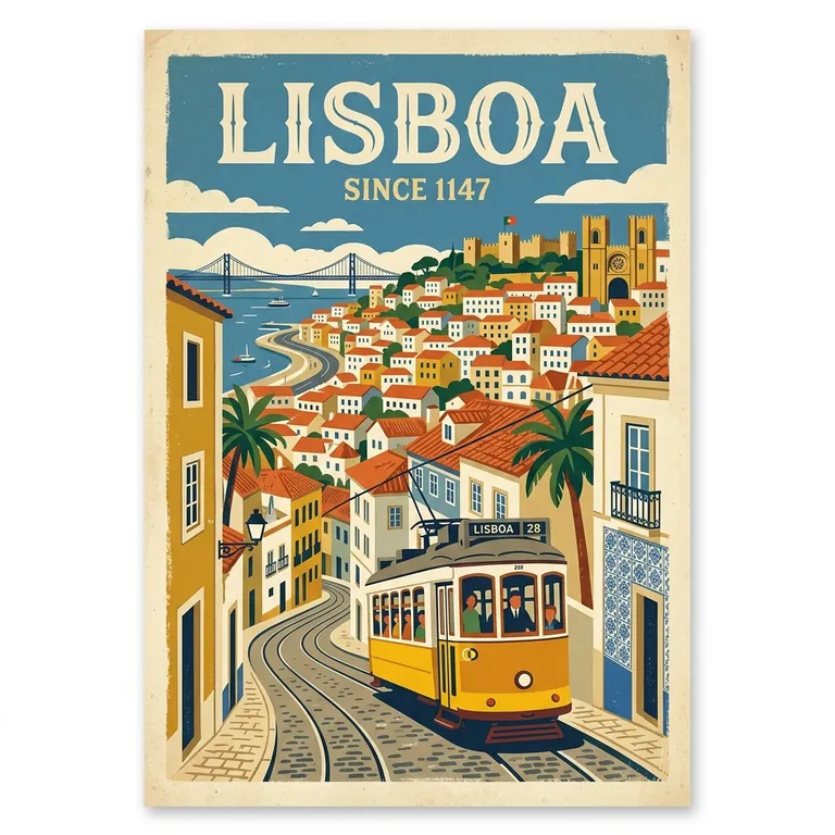 Nano Banana 2: A vintage travel poster for Lisbon with the large headline "LISBOA" and the smaller line "Since 1147", flat colors, a yellow tram climbing a hill, terracotta rooftops