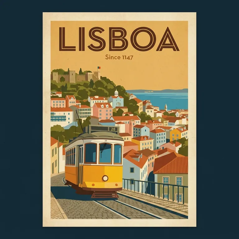 Nano Banana Pro: A vintage travel poster for Lisbon with the large headline "LISBOA" and the smaller line "Since 1147", flat colors, a yellow tram climbing a hill, terracotta rooftops