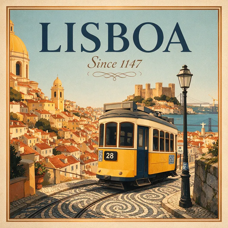Seedream 5.0 Pro: A vintage travel poster for Lisbon with the large headline "LISBOA" and the smaller line "Since 1147", flat colors, a yellow tram climbing a hill, terracotta rooftops